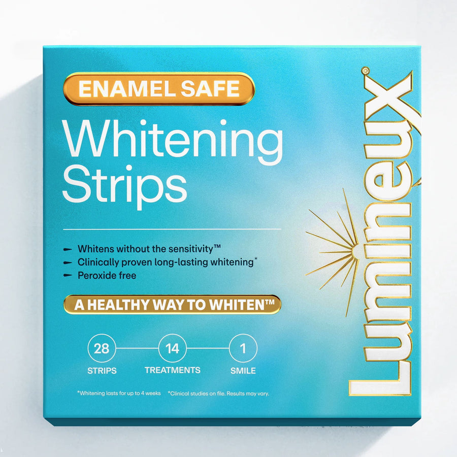 Front-facing product box for Lumineux enamel-safe whitening strips with blue gradient packaging and key claims.