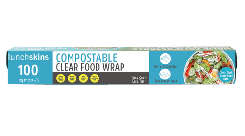 Lunchskins compostable clear food wrap long teal box with product name and salad image on right