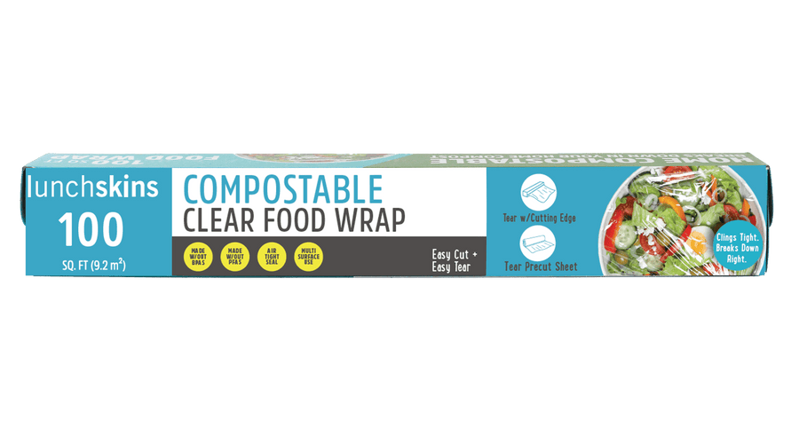 Lunchskins compostable clear food wrap long teal box with product name and salad image on right
