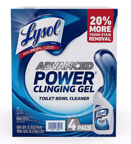 Front-facing Lysol Advanced Power clinging gel toilet bowl cleaner boxed 4-pack with blue branding