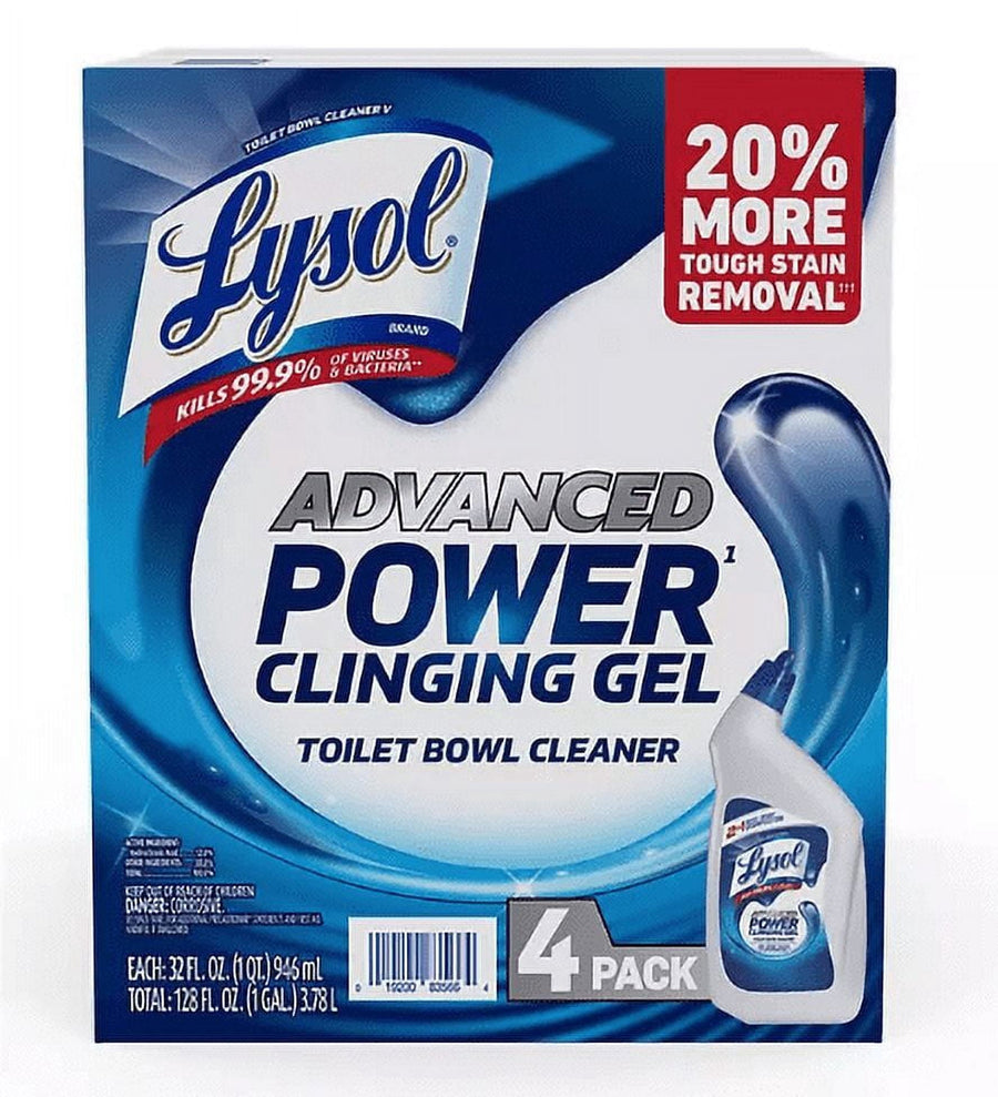 Front-facing Lysol Advanced Power clinging gel toilet bowl cleaner boxed 4-pack with blue branding