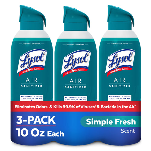 Three Lysol Air Sanitizer cans in teal packaging shown as a 3-pack with a Simple Fresh scent banner and product callouts