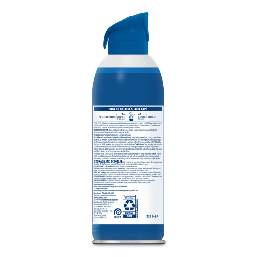 Rear label close-up of a blue Lysol Air Sanitizer can showing usage instructions, storage and disposal text and icons.