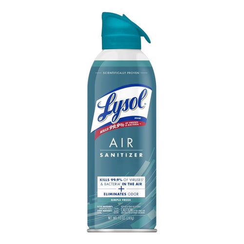 Front view of a teal Lysol Air Sanitizer spray can labeled Simple Fresh scent on a white background.