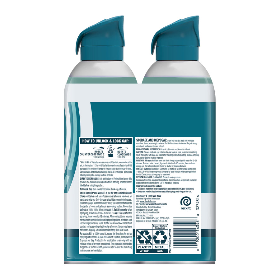 Rear view of two aerosol spray cans with teal locking caps showing product instructions, barcode, and recycling icons