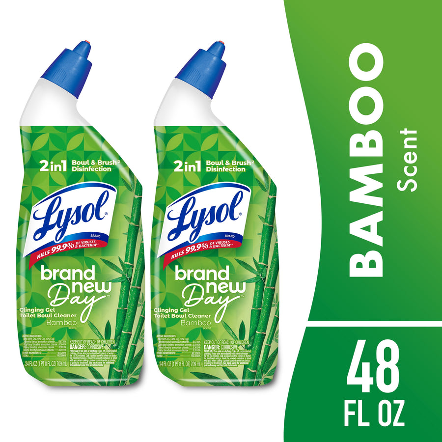 Two bottles of Lysol brand bamboo-scent toilet bowl clinging gel with angled blue spouts on white background