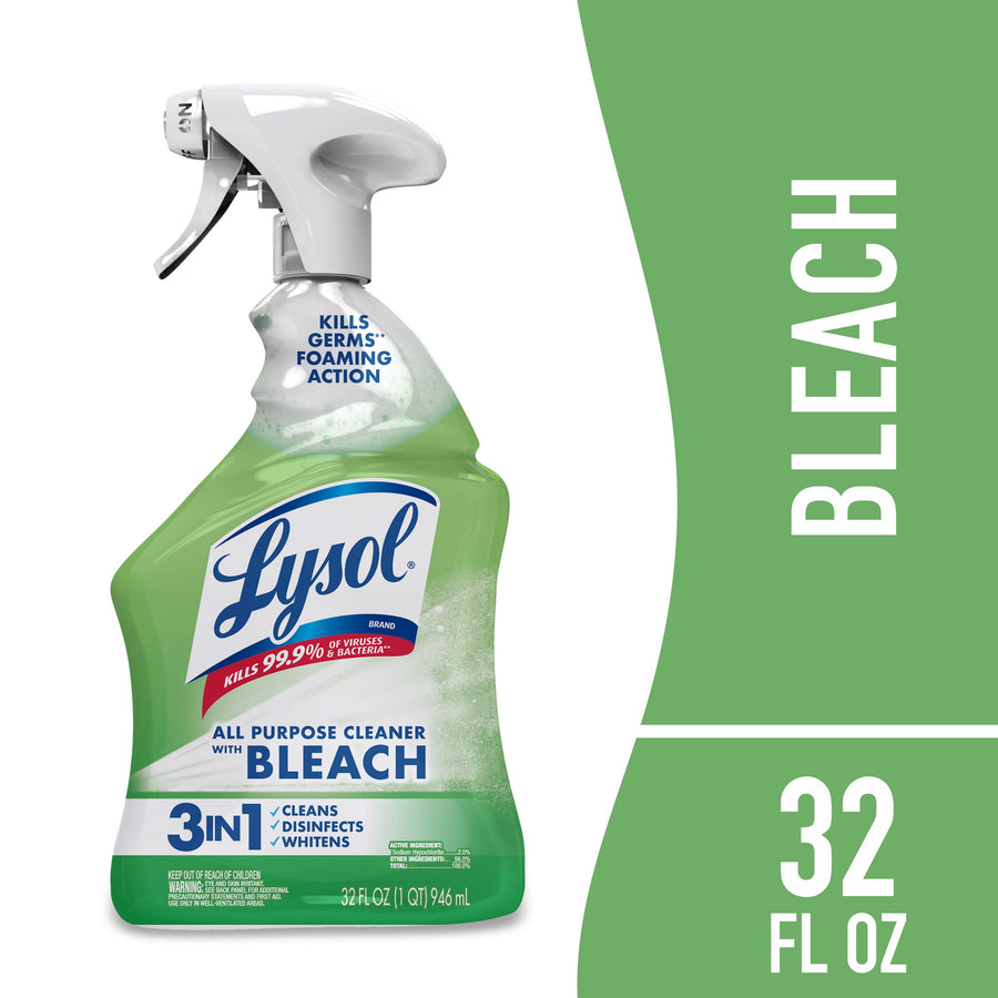 Green Lysol Bleach multi-purpose cleaner bottle with foaming action label and 32 fl oz callout on green panel