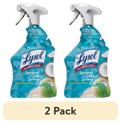 Two Lysol Brand New Day coconut-scent all-purpose spray bottles shown side-by-side with a 2 Pack label.