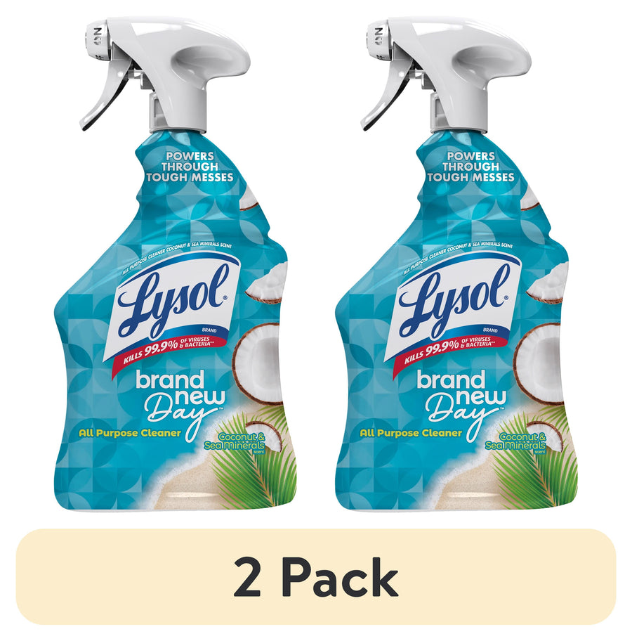 Two Lysol Brand New Day coconut-scent all-purpose spray bottles shown side-by-side with a 2 Pack label.