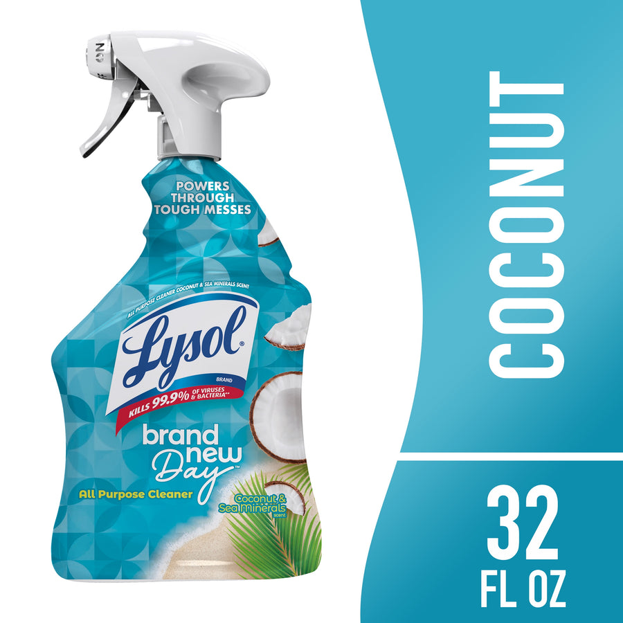Front view of a Lysol Brand New Day coconut & sea minerals all-purpose cleaner spray bottle on teal background.