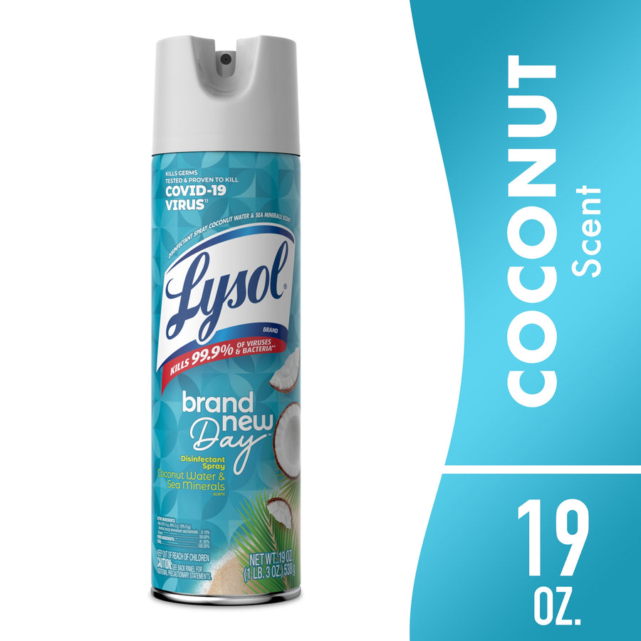 Front-facing Lysol Brand New Day disinfectant spray can in turquoise coconut water and sea minerals packaging against white background