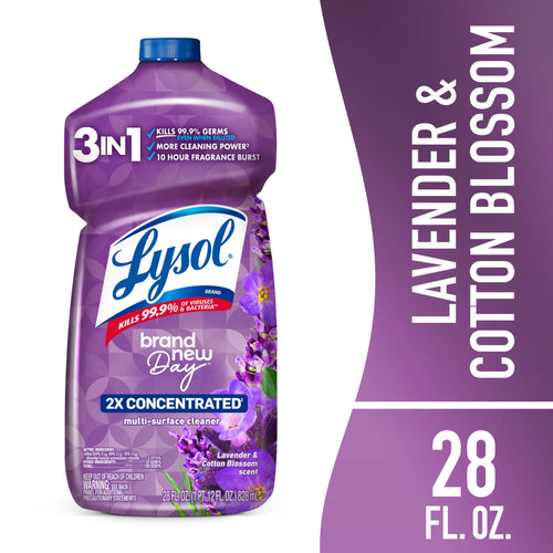 Purple Lysol Brand New Day 2X concentrated multi-surface cleaner bottle with lavender imagery and blue cap