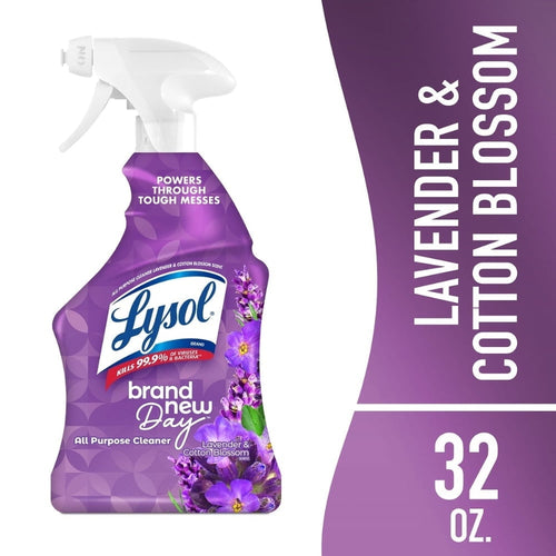 Lysol Brand New Day lavender & cotton blossom all-purpose cleaner spray bottle with purple floral label and 32 oz callout