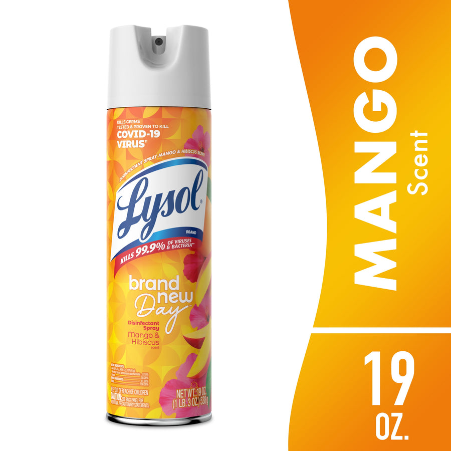 Single can of Lysol Brand New Day disinfectant spray in mango & hibiscus scent on white background with orange accent