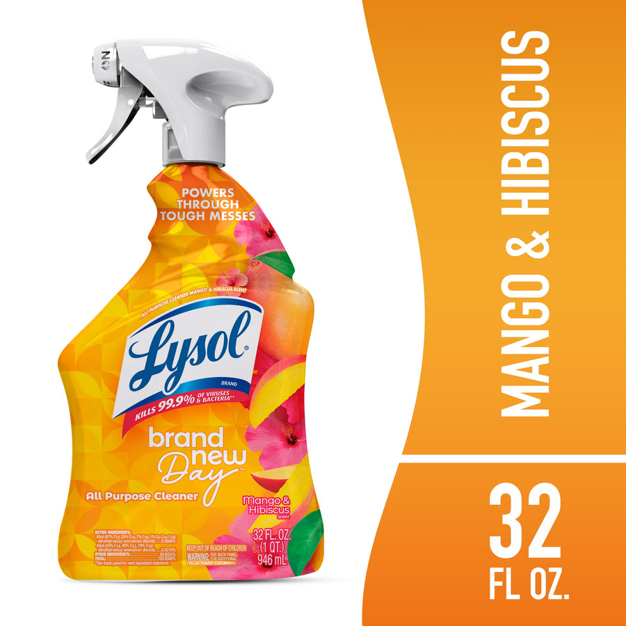 Front-facing Lysol Brand New Day mango & hibiscus all-purpose cleaner spray bottle on white and orange background with scent label