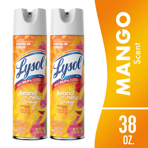 Two Lysol Brand New Day mango & hibiscus disinfectant spray cans with orange packaging