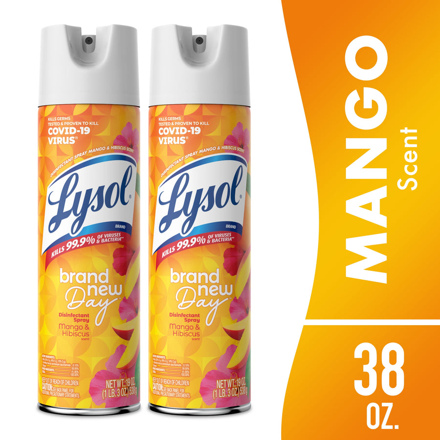 Two Lysol Brand New Day mango & hibiscus disinfectant spray cans with orange packaging
