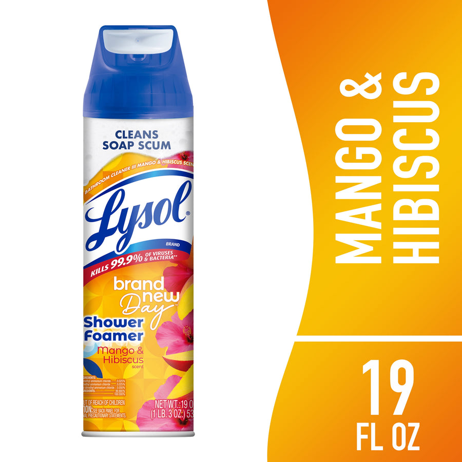 Lysol Brand New Day shower foamer can with mango & hibiscus label and blue cap on white background