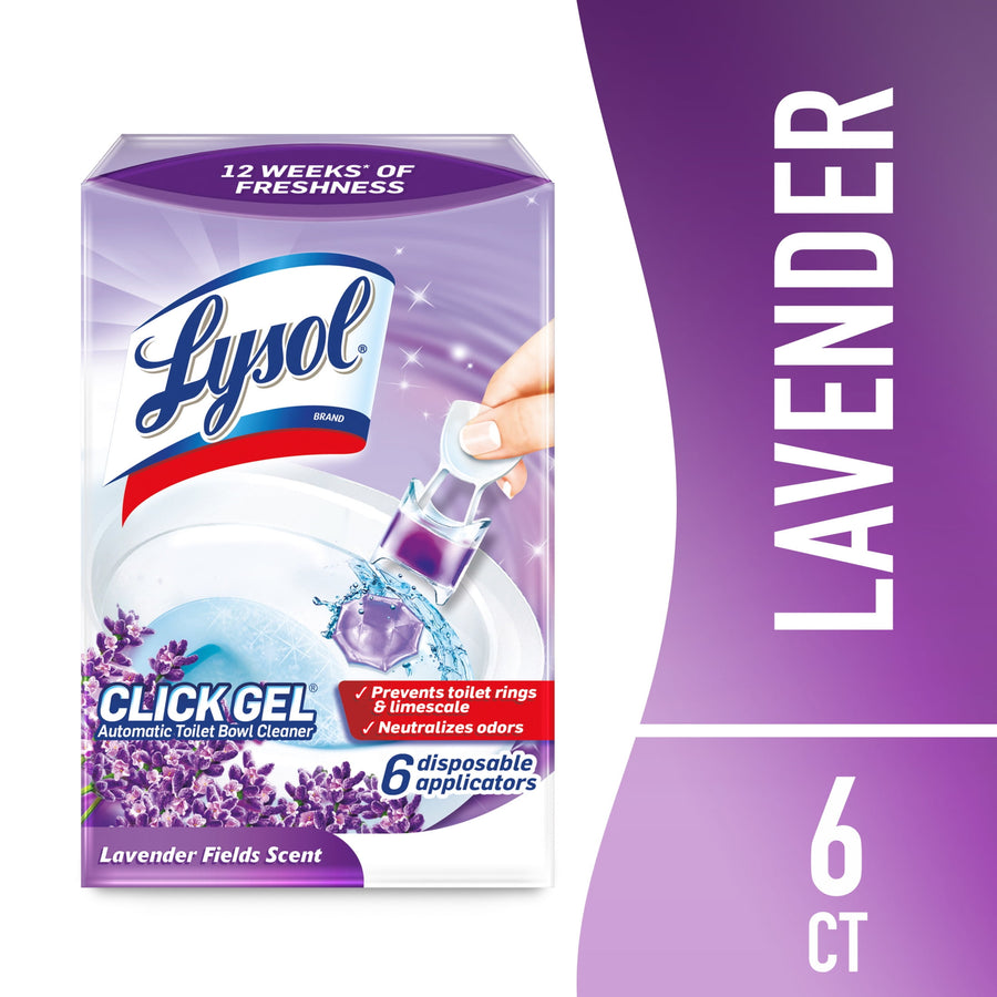 Lysol Click Gel Lavender Fields scented automatic toilet bowl cleaner retail box with applicator image and lavender graphics