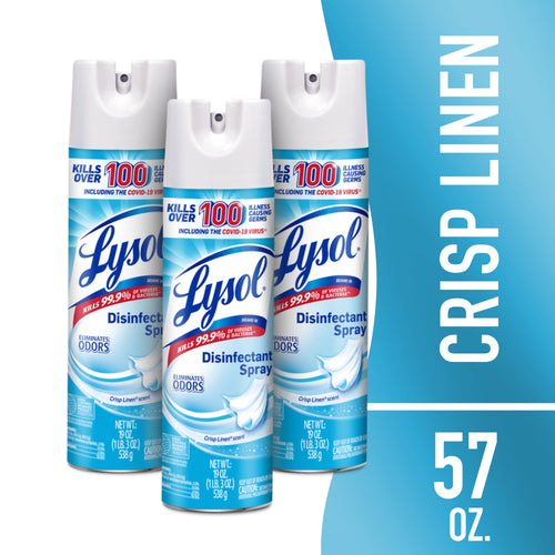 Three Lysol crisp linen disinfectant spray cans arranged on a blue background with vertical CRISP LINEN text and 57 oz callout