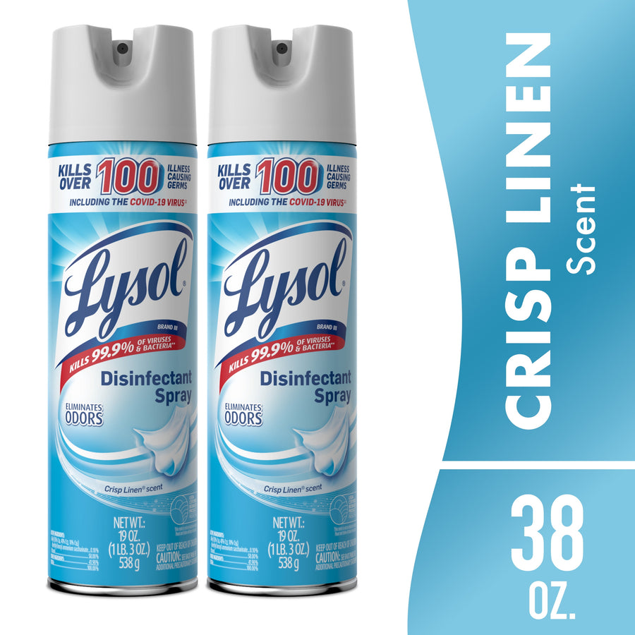Two Lysol disinfectant spray cans, crisp linen scent, shown side-by-side with blue product panel and text