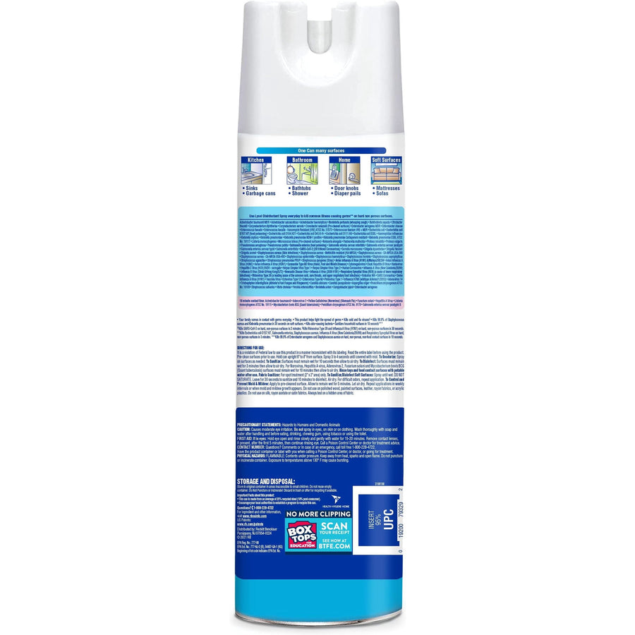 Tall aerosol can shown from the back with detailed Lysol product label and usage instructions