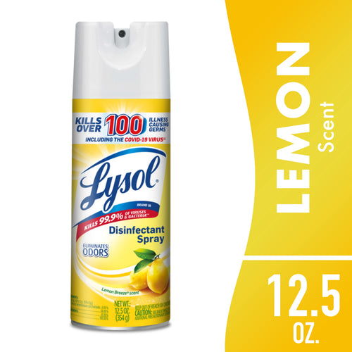Lysol Disinfectant Spray can in Lemon Breeze scent with product label and lemon graphics on a white and yellow background
