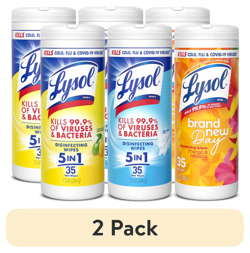 Group of Lysol disinfecting wipes cans in assorted scents arranged in a cluster on white background