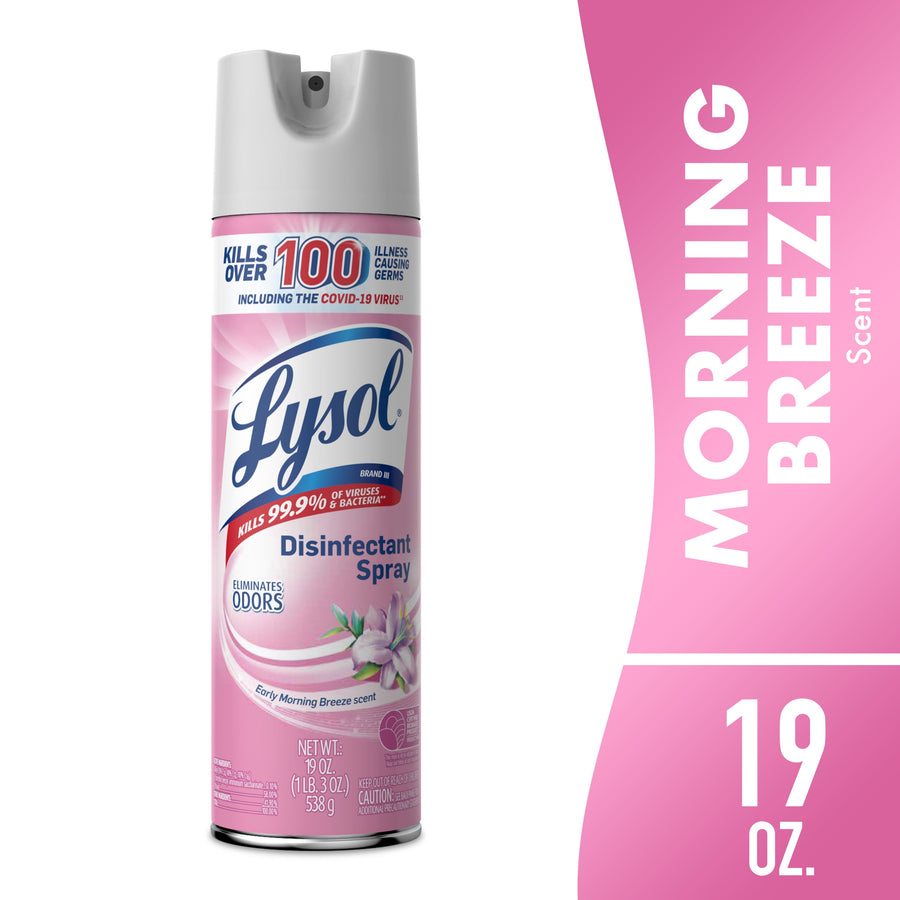 Pink Lysol disinfectant spray can with floral graphic and 'Morning Breeze' branding on white background