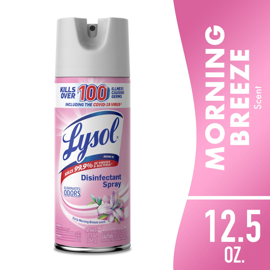 Pink Lysol Disinfectant Spray can with floral graphic and 'Morning Breeze' branding on white background