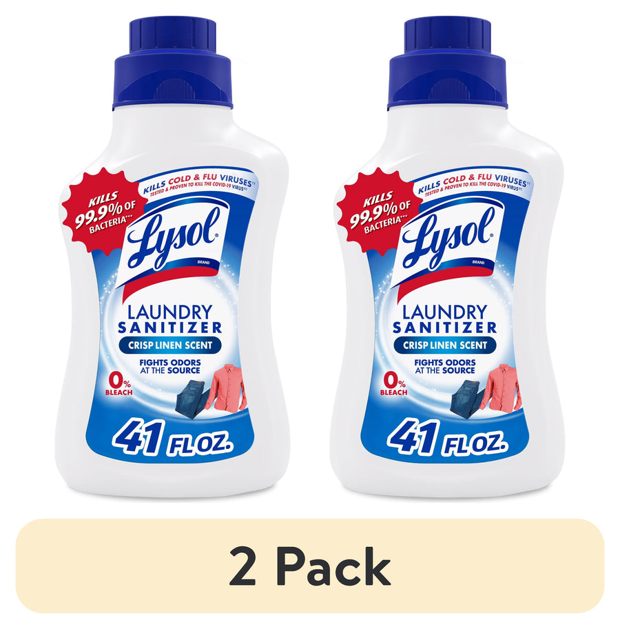 Two Lysol Laundry Sanitizer bottles with blue caps labeled crisp linen scent and 41 fl oz, shown as a 2-pack