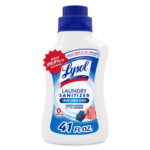 Bottle of Lysol Laundry Sanitizer Crisp Linen scent with blue cap and label.