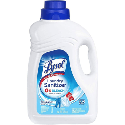 White bottle of Lysol Laundry Sanitizer with blue cap and front product label