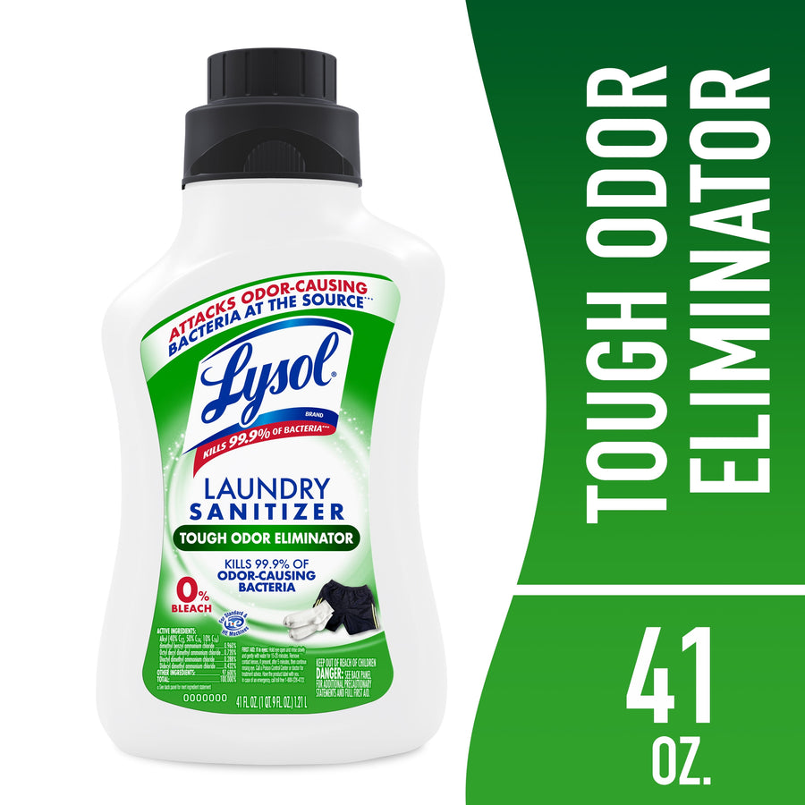 White bottle of Lysol Laundry Sanitizer with green label and black cap on a white and green background