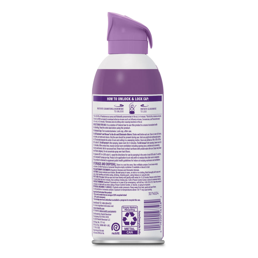 Rear view of a purple Lysol Air Sanitizer can showing back label text, barcode, and recycling icons