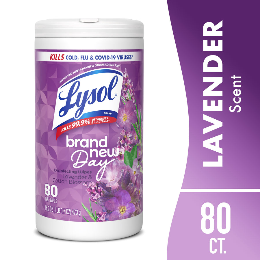 Close-up product shot of a Lysol Brand New Day lavender & cotton blossom disinfecting wipes tub with purple label.