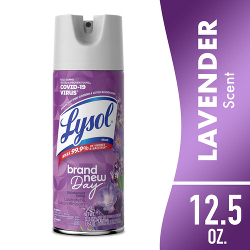 Purple Lysol disinfectant spray can with lavender imagery and 'brand new day' label on white background