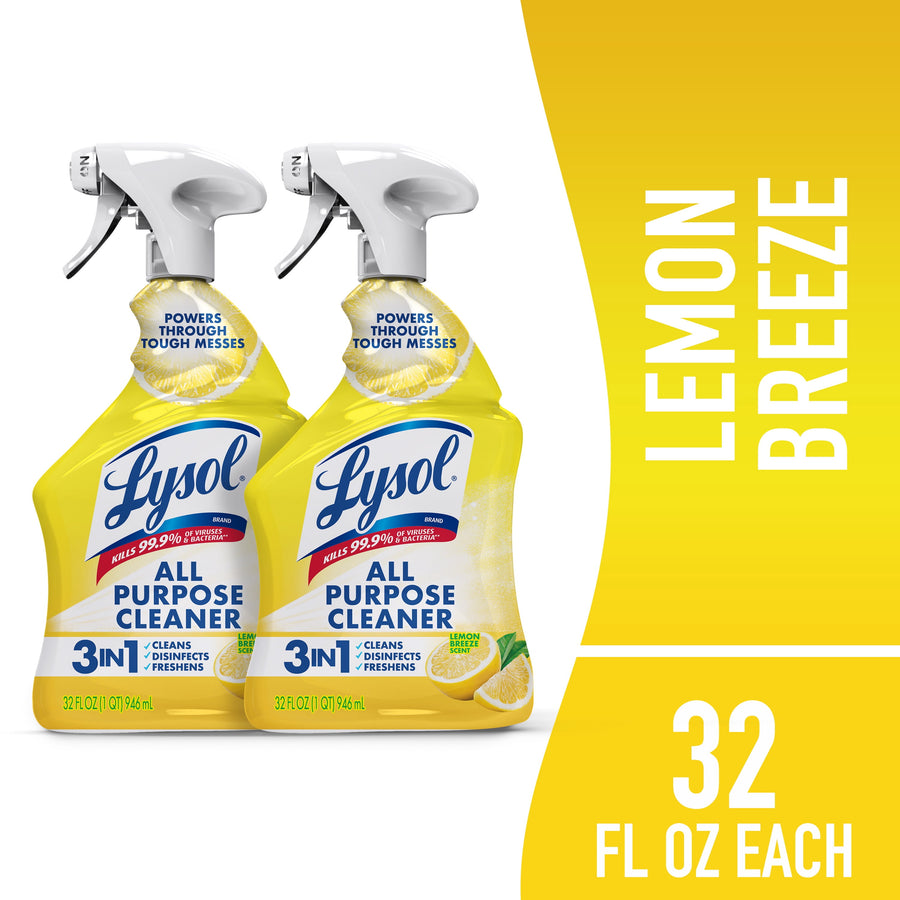 Two Lysol All Purpose Cleaner lemon-scent spray bottles with lemon graphic on a yellow background