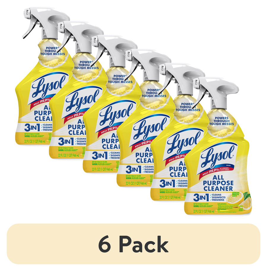 Six yellow Lysol All Purpose Cleaner spray bottles in a row with lemon imagery and a '6 Pack' label beneath.