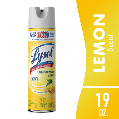 Tall yellow Lysol Disinfectant Spray can with lemon imagery and lemon-scent branding on white background