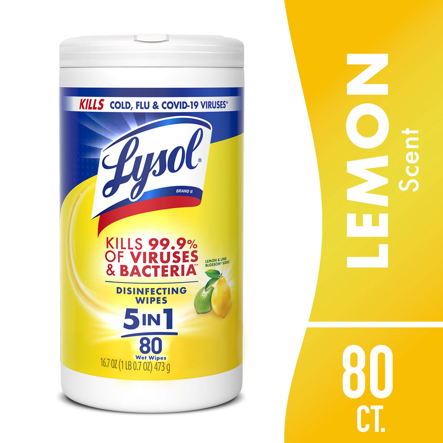 Yellow Lysol disinfecting wipes tub labeled Lemon scent with 5-in-1 branding and 80 count callout