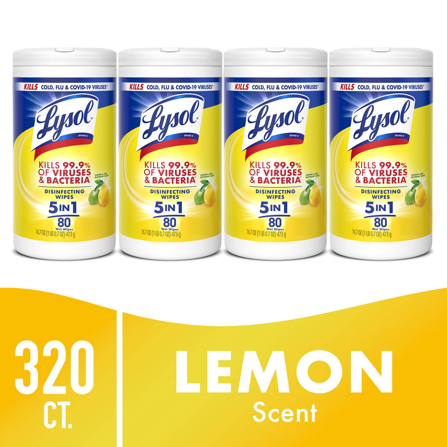 Four Lysol disinfecting wipes lemon & lime blossom tubs arranged in a row with a 320 ct. lemon graphic below.