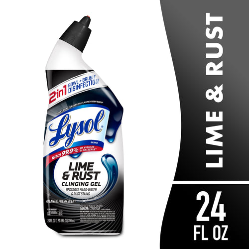Bottle of Lysol Lime & Rust clinging gel toilet bowl cleaner with angled neck and product label visible on white background