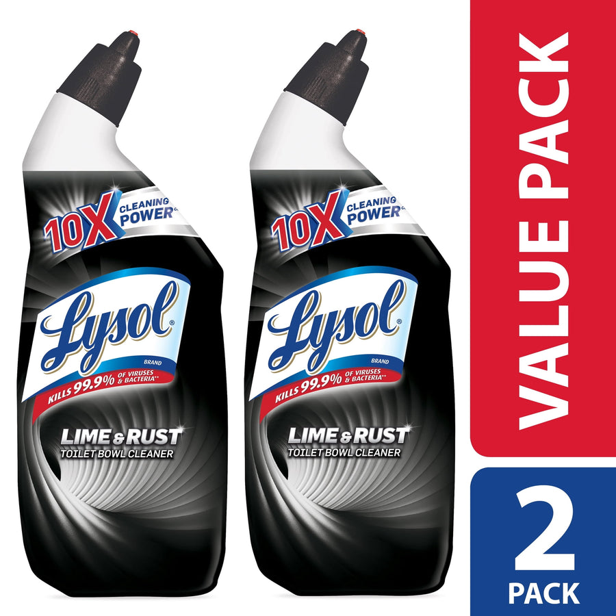 Two black Lysol Lime & Rust toilet bowl cleaner bottles shown as a value 2-pack with bold packaging art