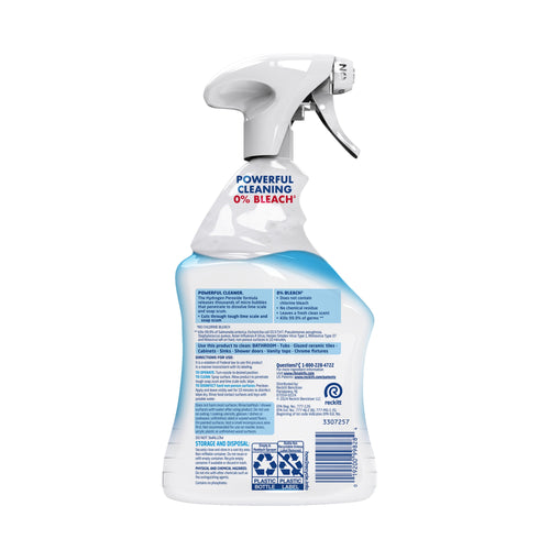 Rear view of a Lysol Oxi Action bathroom cleaner spray bottle showing product information and barcode