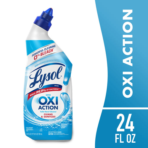 Front-facing Lysol Oxi Action toilet bowl cleaner bottle with ocean-themed label and angled nozzle
