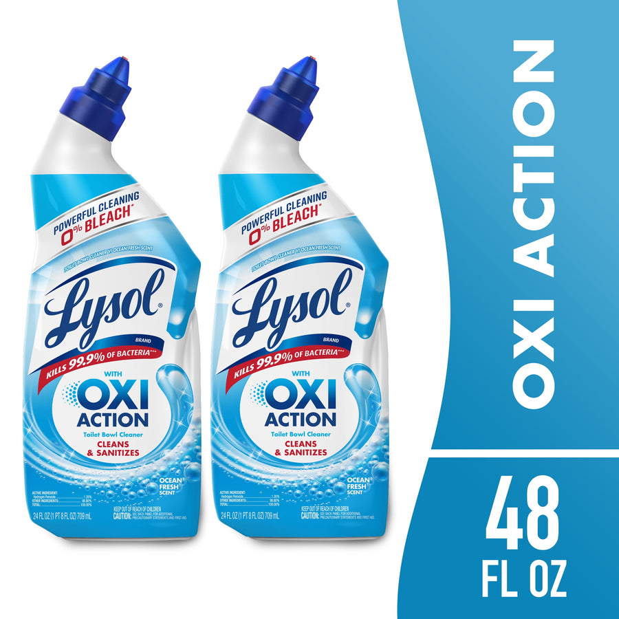 Two Lysol OXI Action toilet bowl cleaner bottles with angled nozzles shown on a white background and blue panel
