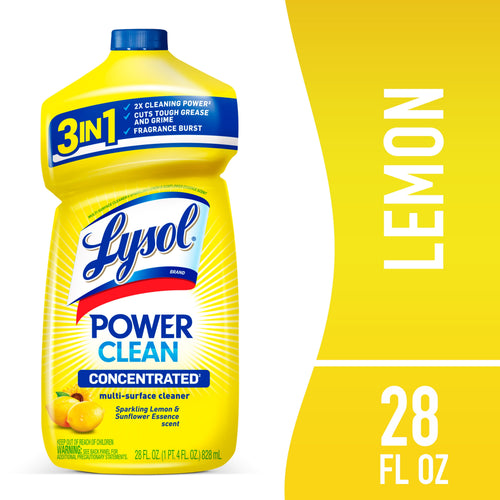 Yellow Lysol Power Clean concentrated multi-surface cleaner bottle with lemon imagery and bold 'Power Clean' label