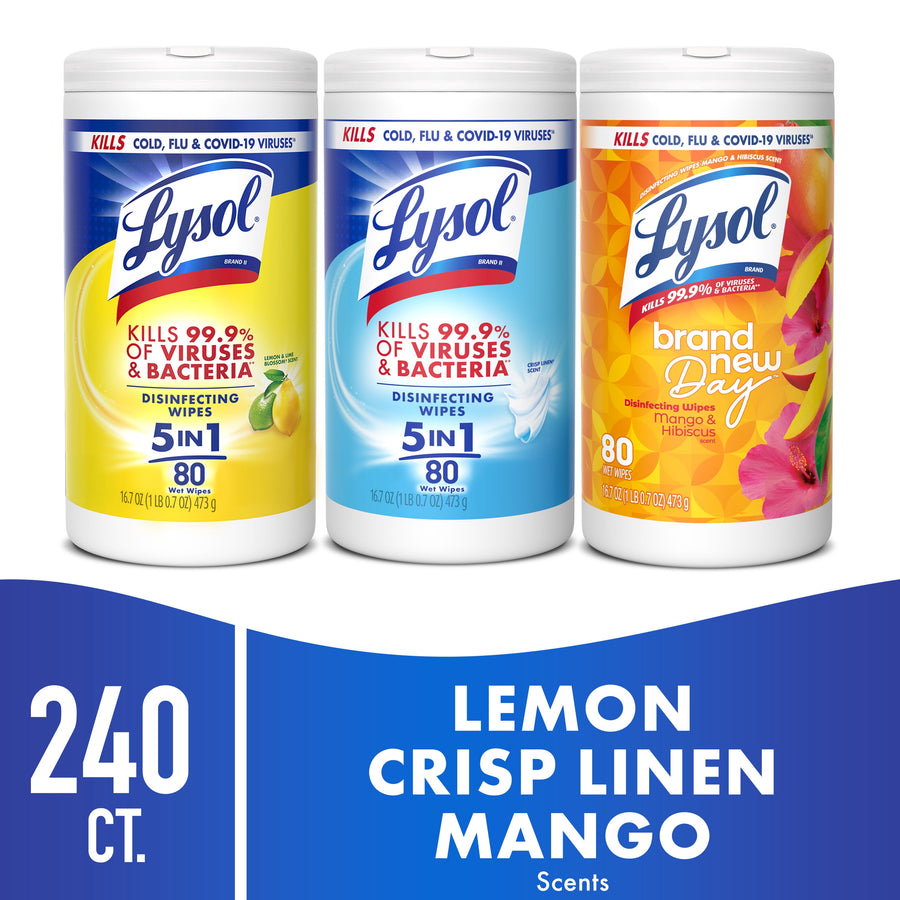 Three Lysol disinfecting wipe canisters in lemon, blue and mango-hibiscus designs with bold 240 ct. scent panel beneath