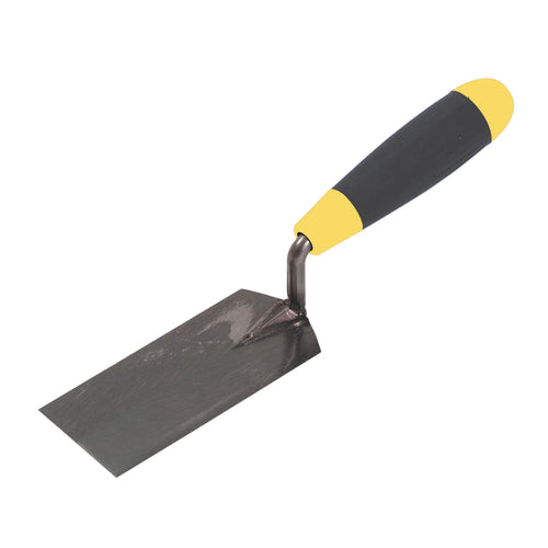 M-D margin trowel with rectangular steel blade and black-and-yellow cushioned handle on white background.